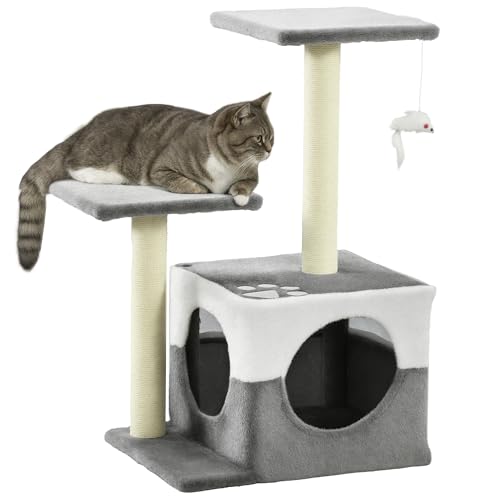 PawHut Kratzbaum Turm für Innen Katzen Kätzchen Haus Kratzbäume mit Condo Sitzstange Interaktive Maus Spielzeug, 45 x 33 x 70 cm, Grau von PawHut