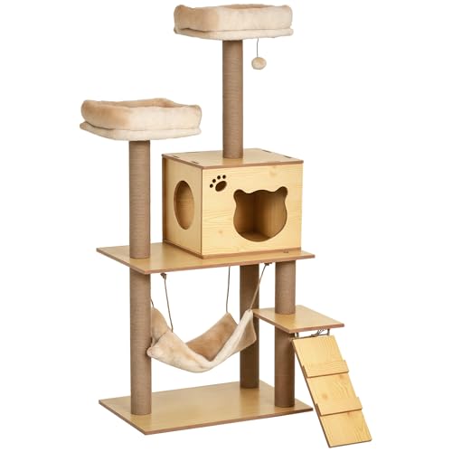 PawHut Kratzbaum aus Holz für Indoor-Katzen, Kletterturm für große Katzen, mit 5 Kratzstämmen, Hängematte, Spielzeugball, 130 cm PawHut Kratzbaum aus Holz für Indoor-Katzen, Kletterturm für große Katzen, mit 5 Kratzstämmen, Hängematte, Spielzeugball, 130 cm von PawHut