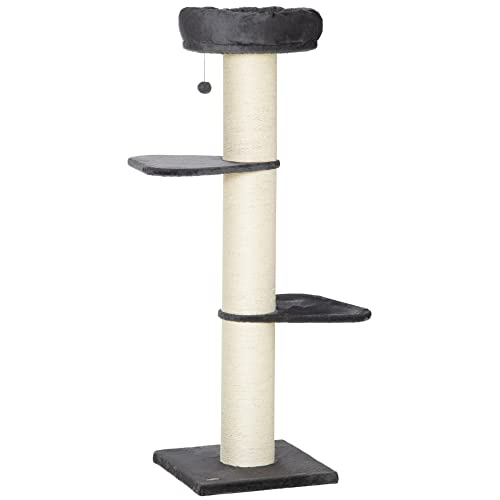 PawHut Aktivitätskratzbäume, Katzenturm, Kratzbaum für Katzen, Aktivitätszentrum mit Sisal-Kratzbaum, Katzenbett, Spielzeug, Ball mit Plüsch überzogen (Dunkelgrau, 48,5 x 48,5 x 157 cm) von PawHut