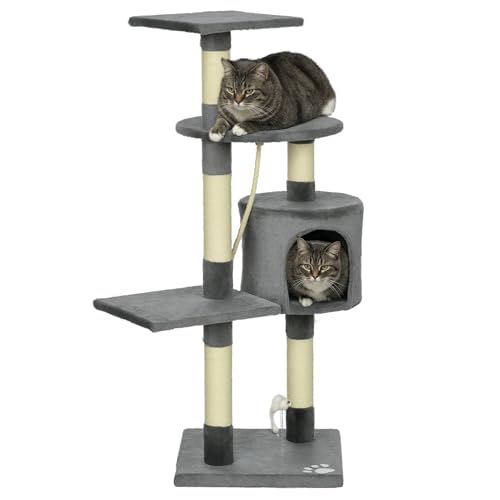 PawHut Kratzbaum für Katzen, Höhe 116 cm, Kratzbaum für Katzen, Kletterturm mit Kratzstäben, aus Sisal, Höhle, Plattformen und Spielzeug, zum Aufhängen, Dunkelgrau von PawHut