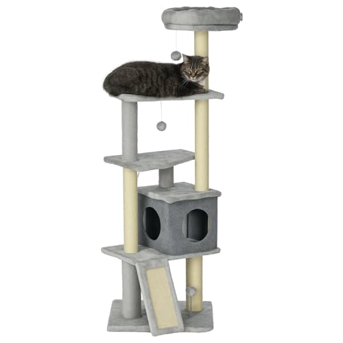 PawHut Aktivitätskratzbäume Katzenturm, Höhe 146 cm, Aktivitätszentrum mit Rampe, Plattformen und hängenden Bällen, ideal für 1-3 Katzen, grau von PawHut