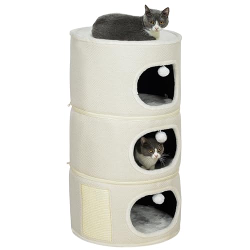 PawHut Kratztonne, 100 cm hoch Katzentonne mit 3 Höhle, Kratzbaum mit Spielbällen, Katzenturm aus Sisal, für Katze bis 6 kg, Beige+Cremeweiß PawHut Kratztonne, 100 cm hoch Katzentonne mit 3 Höhle, Kratzbaum mit Spielbällen, Katzenturm aus Sisal, für Katze bis 6 kg, Beige+Cremeweiß von PawHut