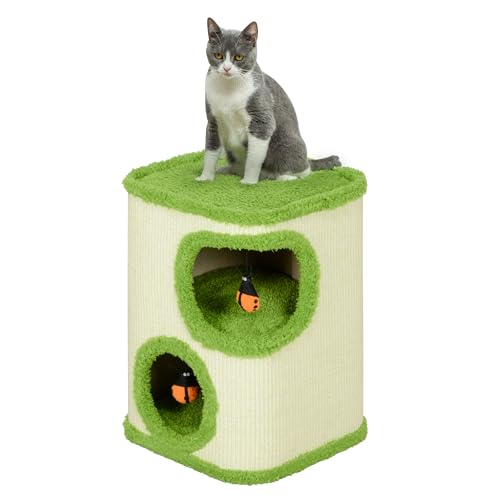 PawHut Kratztonne, 52 cm hoch Katzentonne mit 2 Höhle, Kratzbaum mit Marienkäfer-Spielzeug, Katzenturm aus Sisal, Katzenhöhle Katzenhütte für Katze bis 5 kg, Grün+Cremeweiß PawHut Kratztonne, 52 cm hoch Katzentonne mit 2 Höhle, Kratzbaum mit Marienkäfer-Spielzeug, Katzenturm aus Sisal, Katzenhöhle Katzenhütte für Katze bis 5 kg, Grün+Cremeweiß von PawHut