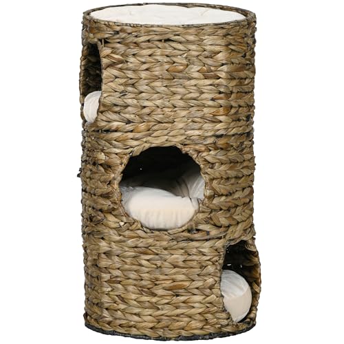 PawHut Kratztonne, 73 cm Hoch Katzentonne mit 3 Höhle, Kissen, Kratzbaum mit Katzenbett, Katzenturm aus Wasserhyazinthe, Dunkelbraun PawHut Kratztonne, 73 cm Hoch Katzentonne mit 3 Höhle, Kissen, Kratzbaum mit Katzenbett, Katzenturm aus Wasserhyazinthe, Dunkelbraun von PawHut