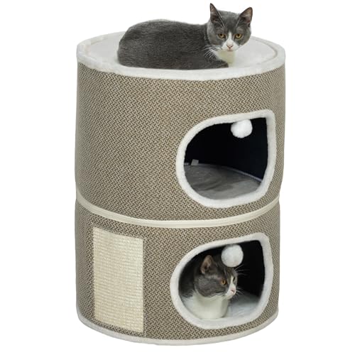PawHut Kratztonne, Kratzbaum mit Spielbällen, 69 cm hoch Katzenturm mit 2 Höhle, Katzentonne aus Sisal, für Katze bis 6 kg, Kaffeebraun+Cremeweiß von PawHut