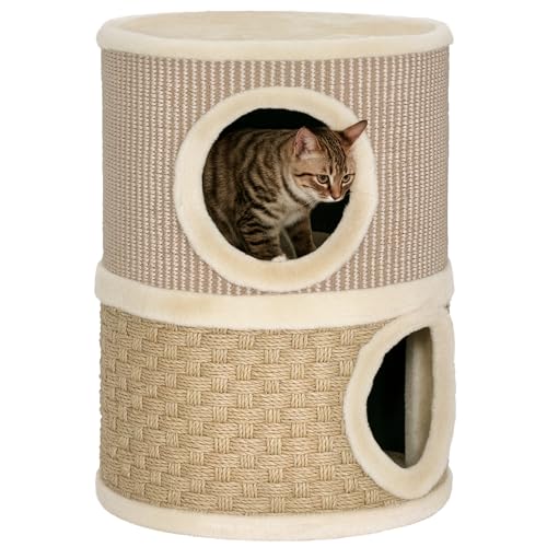 PawHut Kratztonne für Katzen 49 cm Hoch Ø 35,5 cm Katzentonne mit 2 Etagen Sisalseil, Plüsch Katzenhöhle, Kratzbaum für große Katzen, Khaki+Kaffee von PawHut