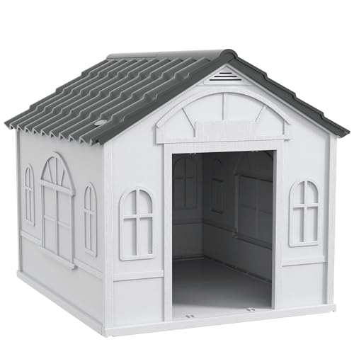 PawHut Mittlere und große Hundehütte mit schrägem Dach und Eingangstür, wasserdichte PP-Hundehütte, 84,2x98,2x82 cm, Grau von PawHut