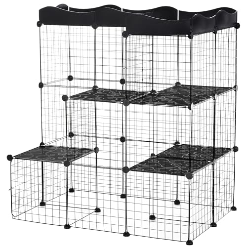PawHut Modulares Kleintiergehege mit Paneelen und Zubehör, Stahl und PP Tierkäfig, für Katzen und Kaninchen, 105x70x116 cm, Schwarz von PawHut
