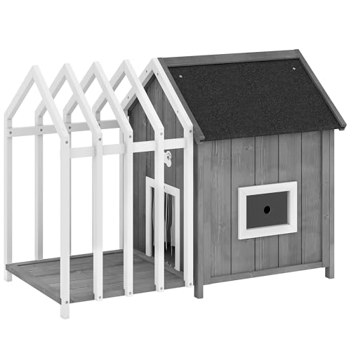 PawHut Outdoor Hundehütte aus Holz mit Terrasse mit Zaun, Zaun, Lamellentür und Bitumendach, Erhöhte Füße, Widerstandsfähiges Hundehaus 106 x 62,5 x 80,5 cm von PawHut