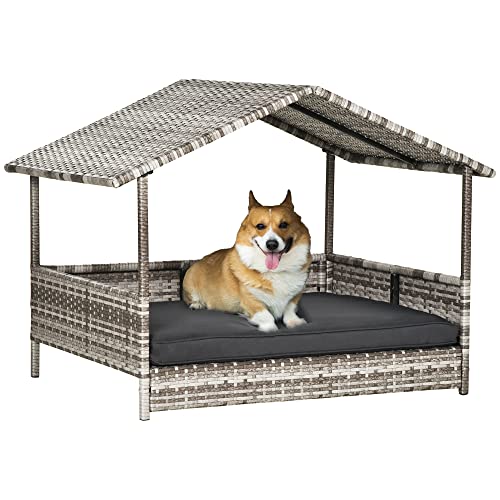 PawHut Rattan Hundeliege Outdoor mit Dach, Erhöhtes Hundebett für kleine und mittelgroße Groß Hunde, Kühlendes Haustierliege mit Metallrahmen, Haustierbett für Draußen, 69 x 98 x 70 cm, Grau PawHut Rattan Hundeliege Outdoor mit Dach, Erhöhtes Hundebett für kleine und mittelgroße Groß Hunde, Kühlendes Haustierliege mit Metallrahmen, Haustierbett für Draußen, 69 x 98 x 70 cm, Grau von PawHut