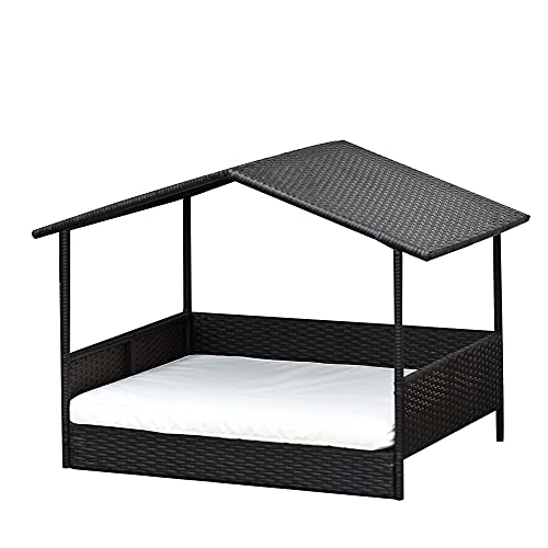 PawHut Rattan Hundehaus mit Kissen, Hundebett im Hausform, Outdoor Hundehütte, Stahlrahmen, Kunststoff, Kaffee-Braun, 69 x 98 x 70 cm von PawHut