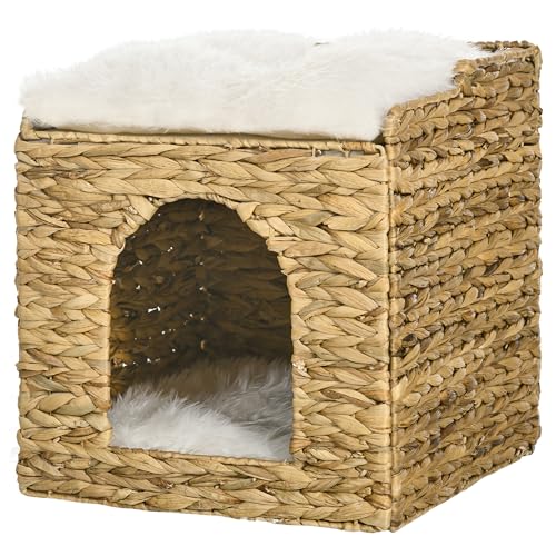 PawHut Rattan Katzenhaus, Katzenhöhle mit Kissen, Katzenbett mit 2 Ebenen, Katzenkorb, Katzenhütte für Katzen bis 5 kg, Wasserhyazinthengras, 37,5 x 37,5 x 41,5 cm, Braun von PawHut