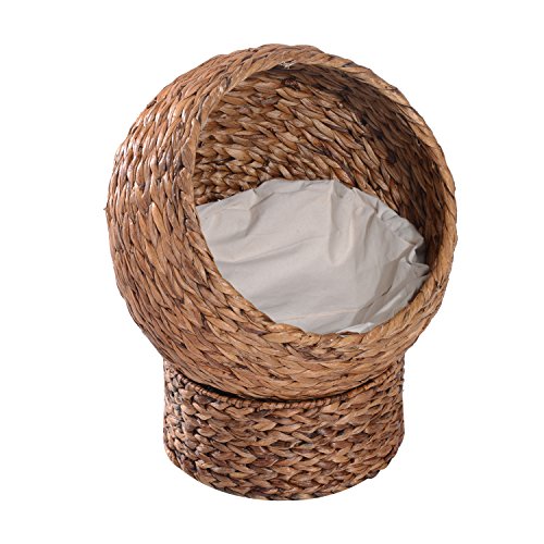 PawHut Rattan Katzenkorb Katzenhöhle Katzenhütte Katzenbett mit Kissen Haustierbett Wasserhyazinthe Hellbraun 42 x 33 x 52 cm von PawHut