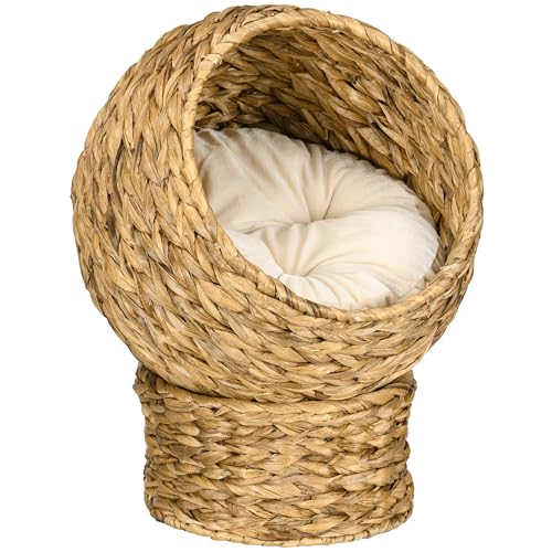 PawHut Rattan Katzenkorb Katzenhöhle Katzenhütte Katzenbett mit Kissen Haustierbett Wasserhyazinthe Hellbraun 42 x 33 x 52 cm von PawHut