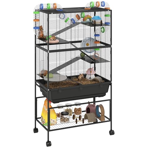 PawHut Rattenkäfig auf Rädern, 5 Etagen großer Hamsterkäfig mit 17cm tiefer Ablage, Lagerregal, großes Laufrad, Rohrsystem, Hütte, Plattformen, Rampen, Wasserflasche, Futterschale, für syrische von PawHut