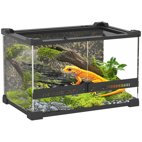PawHut Reptilien-Glasterrarium, Reptilienviarium mit Steinhintergrund, Frontbelüftung, ausbruchsicheres Knaufschloss, Glasgehege für Eidechsen, gehörnte Frösche, Schlangen, 30 x 20 x 20 cm, Schwarz von PawHut
