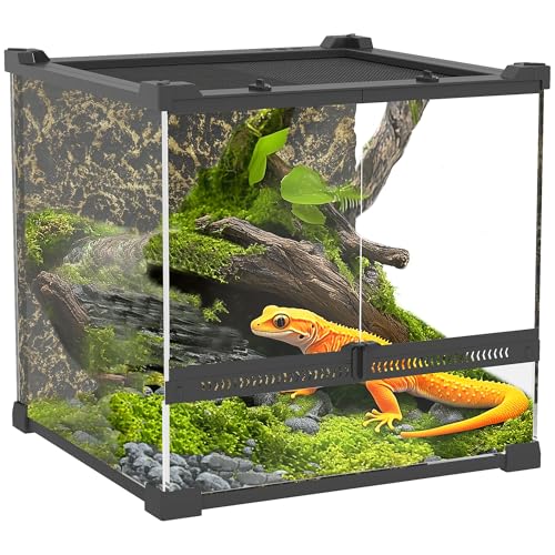 PawHut Reptilien-Glasterrarium, Reptilienviarium mit Steinhintergrund, Frontbelüftung, ausbruchsicheres Knaufschloss, Glasgehege für Eidechsen, gehörnte Frösche, Schlangen, 30 x 30 x 30 cm, Schwarz von PawHut