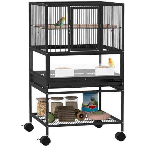PawHut Rollbarer Vogelkäfig mit unterer Ablage, herausnehmbarem Tablett und Gitter, Stahl und PP Vogelkäfig, 48x46x83 cm, Schwarz von PawHut