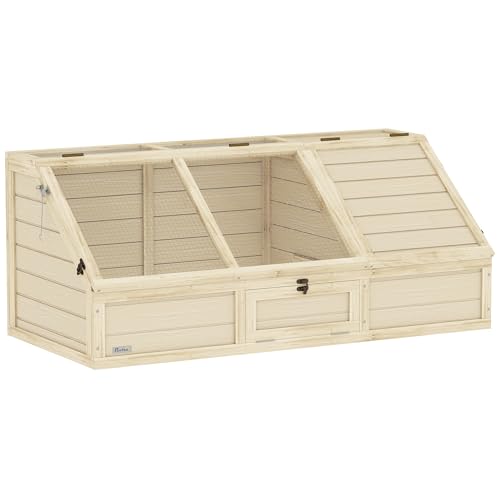 PawHut Schildkrötenhaus aus Holz, Schildkrötengehege mit Zwei Haupthäusern, aufklappbarem Oberseite, Verschlüssel, Outdoor Reptilienkäfig für Kleintiere, Kaninchen 120 x 55 x 50 cm, Natur von PawHut