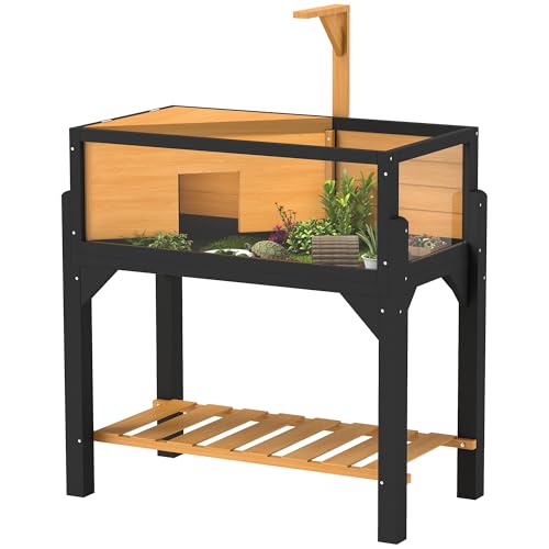 PawHut Schildkrötenhaus aus Holz mit Lagerregal, Schildkrötengehege Lebensraum mit klaren Fenstern, Lampenhalter, oben zu öffnen, integriertes Tablett, für den Innenbereich, Gelb von PawHut