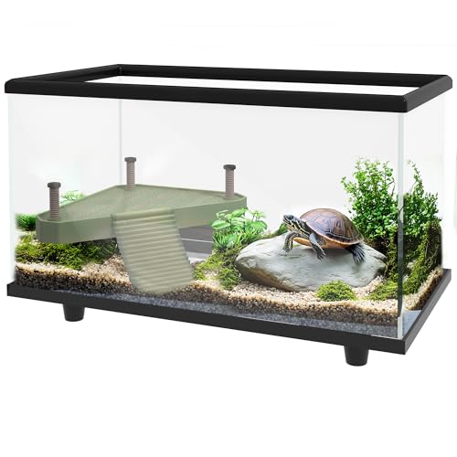 PawHut Schildkrötenpanzer, 28L Glasschildkröten-Aquarium mit Badeplattform, Rampe, einfacher Abfluss, Streifen-Thermometer, für kleine Schildkröten, 45 x 25 x 29cm von PawHut