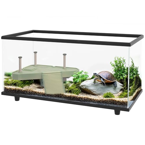 PawHut Schildkrötenpanzer, 50L Glasschildkröten-Aquarium mit Badeplattform, Rampe, einfacher Abfluss, Streifen-Thermometer, für kleine Schildkröten, 60 x 30 x 32cm von PawHut