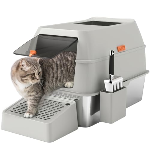PawHut Stahlbedeckte Katzentoilette Stahlbedeckte Katzentoilette Geschlossene Katzentoilette mit Fluchtweg und hellgrauer Stahlschaufel von PawHut