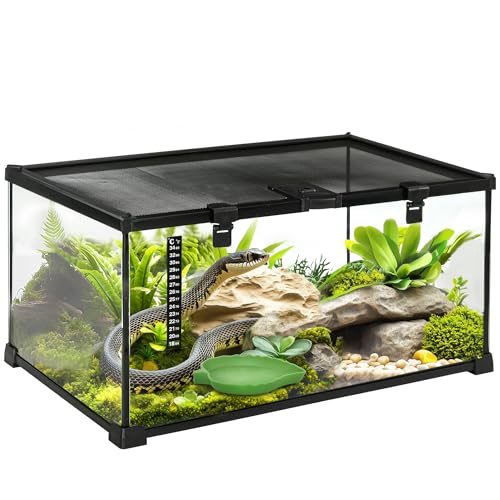 PawHut Terrarium für Reptilien Reptile Fütterungsbox Glasterrarium Amphibien Spinnentiere mit Thermometer Reptilienzuchtbox Metall Schwarz 50 x 30 x 25 cm von PawHut