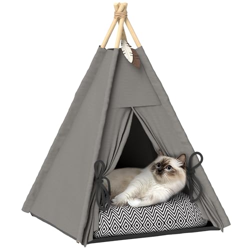 PawHut Tipi Zelt für Haustiere, Katzenzelt mit abnehmbar und waschbar Kissen, Katzenhaus mit rutschfestem Boden, Spielball, für Katzen unter 5kg, Mini Hunde, 60 x 60 x 76 cm, Grau PawHut Tipi Zelt für Haustiere, Katzenzelt mit abnehmbar und waschbar Kissen, Katzenhaus mit rutschfestem Boden, Spielball, für Katzen unter 5kg, Mini Hunde, 60 x 60 x 76 cm, Grau von PawHut