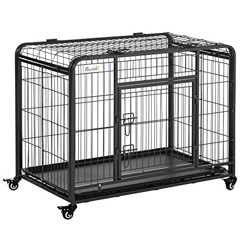 PawHut Transportbox Faltbarer Transportkäfig mit Rädern 2 abschließbare Türen und abnehmbares Tablett Metall Grau+Schwarz 94 x 58 x 69,5 cm von PawHut