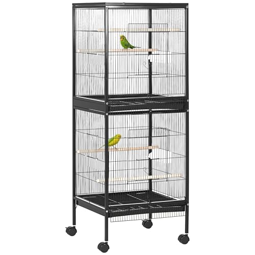 PawHut Vogelkäfig 2 in 1 Voliere für den Innenbereich mit 4 drehbaren Rädern, herausnehmbaren Tabletts und Behältern aus Kunststoff, 51,5 x 50 x 140 cm, Schwarz von PawHut