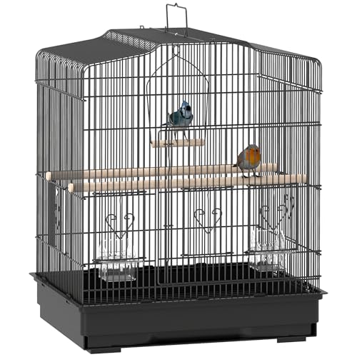 PawHut Vogelkäfig 46,5 x 36 x 59 cm Voliere aus Stahl mit Türen 2 Futterspender 2 Sitzstangen Drehbares Tablett Abnehmbares Tablett und Tragegriff für Papageien Kanarienvogel Sittich Schwarz von PawHut