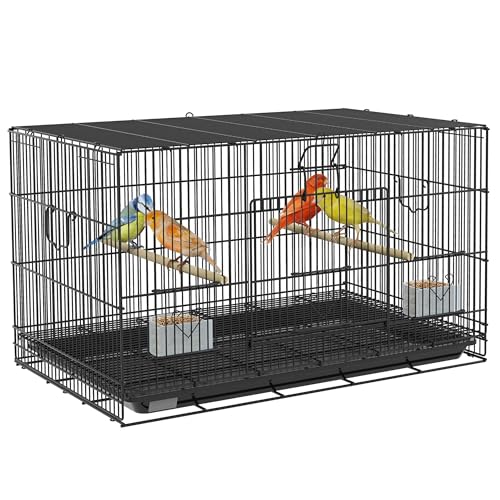 PawHut Vogelkäfig 77x46x45 cm Vogelkäfig aus Metall mit herausnehmbarem Tablett 2 Sitzstangen 2 Futterstellen für Wellensittiche Kanarienvögel Schwarz von PawHut