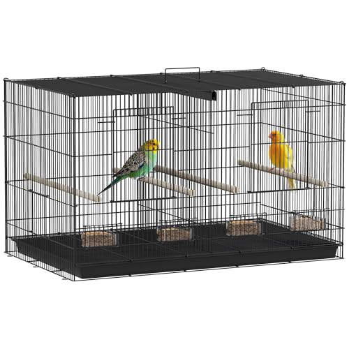 PawHut Vogelkäfig Innenvoliere aus Stahl mit Trennwand, 4 Sitzstangen aus Holz, Schiebeplatte, 4 Futternäpfe, für Wellensittiche, Kanarienvögel, Finken, 76 x 46 x 46 cm, schwarz von PawHut