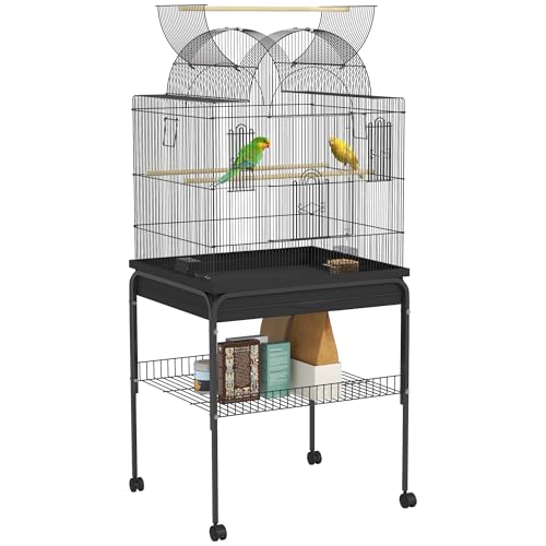 PawHut Vogelkäfig Wellensittichkäfig mit Tablett, Ablagefläche, Futternapf, Papagei Käfig mit Rollen für Wellensittich, Kanarien, Nymphensittich, Stahl 63 x 53 x 144 cm Schwarz von PawHut
