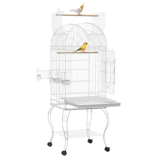 PawHut Vogelkäfig groß auf Rollen mit Regal, Gitter und abnehmbarer Platte, 2 Schalen aus Edelstahl, Sitzstange für Wellensittiche, 51 x 51 x 153 cm, Weiß von PawHut