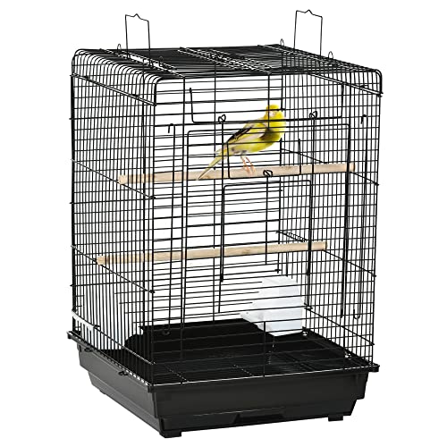 PawHut Vogelkäfig aus Metall, Vogelkäfig 40 x 40 x 59 cm, mit klappbarem Dach 2 Kleiderbügeln, 2 Futternägeln und abnehmbarem Tablett für Kanarienvögel, Sittiche, Schwarz von PawHut