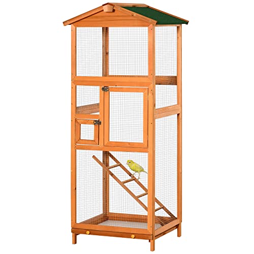 PawHut Vogelkäfig für den Außenbereich, 68 x 63 x 165 cm, aus Fichtenholz mit 2 Türen, abnehmbares Tablett und natürliches Asphaltdach von PawHut