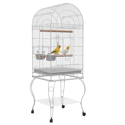 PawHut Vogelkäfig groß auf Rollen mit Regal, Gitter und abnehmbarer Platte, 2 Schalen aus Edelstahl, Sitzstange für Wellensittiche, 51 x 51 x 153 cm, Weiß von PawHut