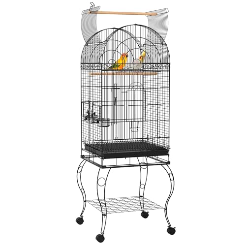 PawHut Vogelkäfig mit Rädern, Vogelkäfig für den Außenbereich, mit herausnehmbarem Gittereinsatz, 2 Schüsseln aus Edelstahl, Regal und Aufhänger für Wellensittiche, 51 x 51 x 153 cm, Schwarz von PawHut
