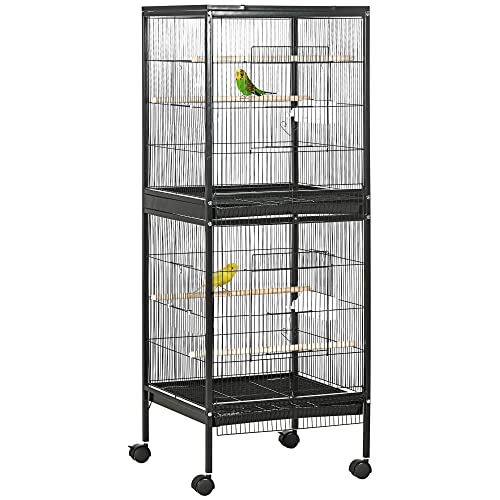 PawHut Vogelkäfig mit Rädern, großer Käfig mit 2 Ebenen, Vogelhaus mit herausnehmbaren Ablagen, Türen, Futterstangen, Sitzstangen für Kanarienvögel, Wellensittiche, 51,5 x 50 x 140 cm, Schwarz von PawHut