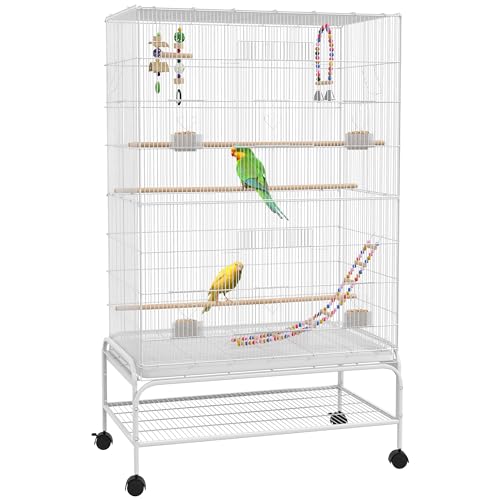 PawHut Vogelkäfig mit Rädern, großer Käfig mit Vogelkäfig, mit herausnehmbarem Tablett, Türen, Futterspender, Spielzeug und untere Ablage für Kanarienvögel, Wellensittiche, 79 x 49 x 133 cm, Weiß von PawHut