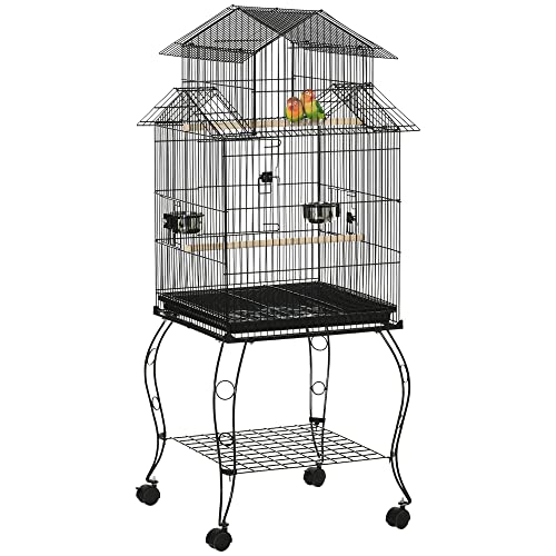 PawHut Vogelkäfig mit Rädern, großer Käfig mit Vogelkäfig, mit herausnehmbarem Tablett, Türen, Futterstangen, Sitzstangen und unterem Regal für Kanarienvögel, Wellensittiche, 50 x 49 x 137 cm, Schwarz von PawHut