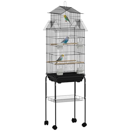 PawHut Vogelkäfig mit Rädern aus Stahl, mit Futterstangen, Schaukel und abnehmbarem Tablett, großer Käfig für Papageien, Kanarienvogel, 50,5 x 41 x 163 cm, Schwarz von PawHut