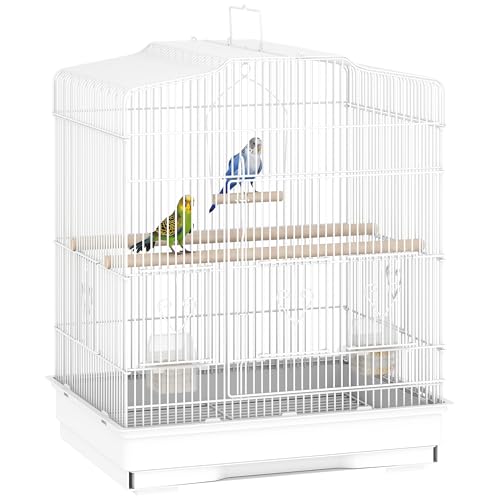 PawHut Vogelkäfig mit Sitzstangen, Futterschalen, Schaukel, Papageienkäfig für Wellensittich, Sittich, kleiner Vogel, 46,5 x 36 x 59 cm, Weiß von PawHut