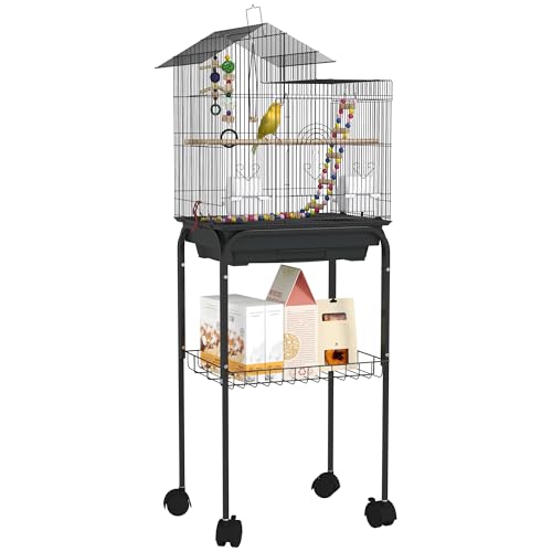 PawHut Vogelkäfig mit Standfuß, Voliere mit Netzablage und 4 drehbaren Rädern, Käfig mit Schaukel, Schalen und Spielen, 46 x 36 x 120 cm, Schwarz von PawHut
