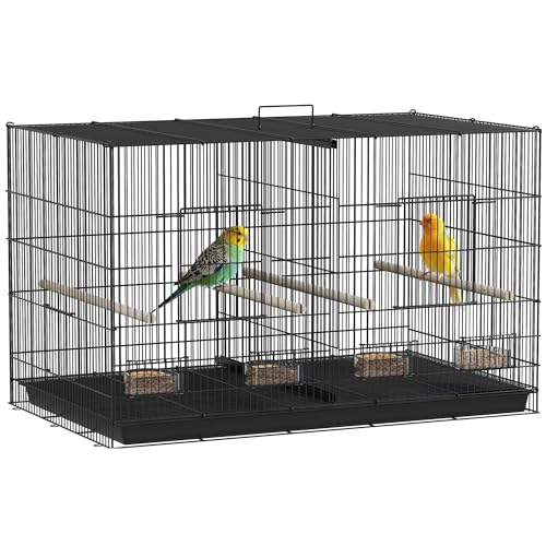 PawHut Vogelkäfig mit Trennwand, Käfig für Haustiere, Vögel, Papageien, Kanarienvogel, mit Futternäpfen, Sitzstangen und abnehmbarem Tablett, 94 x 57 x 57 cm, Schwarz von PawHut