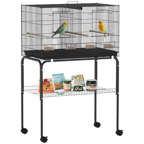 PawHut Vogelkäfig mit Trennwand, Käfig mit Rädern für Haustiere, Vögel, Papageien, Kanarienvogel, mit Futterstangen, Sitzstangen und abnehmbarem Tablett, 76 x 46 x 116 cm, Schwarz von PawHut