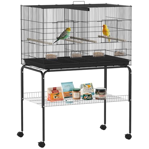 PawHut Vogelkäfig mit Trennwand, Käfig mit Rädern für Haustiere, Vögel, Papageien, Kanarienvogel, mit Futterstangen, Sitzstangen und abnehmbarem Tablett, 94 x 57 x 128 cm, Schwarz von PawHut
