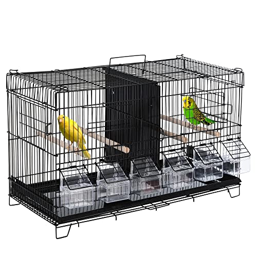PawHut Vogelkäfig mit Trennwand für Vögel, mit Haken oben, Türen, Futterstangen, Kleiderbügel und herausnehmbares Tablett für Kanarienvögel, Wellensittiche, 59,5 x 26,5 x 39,5 cm, Schwarz von PawHut